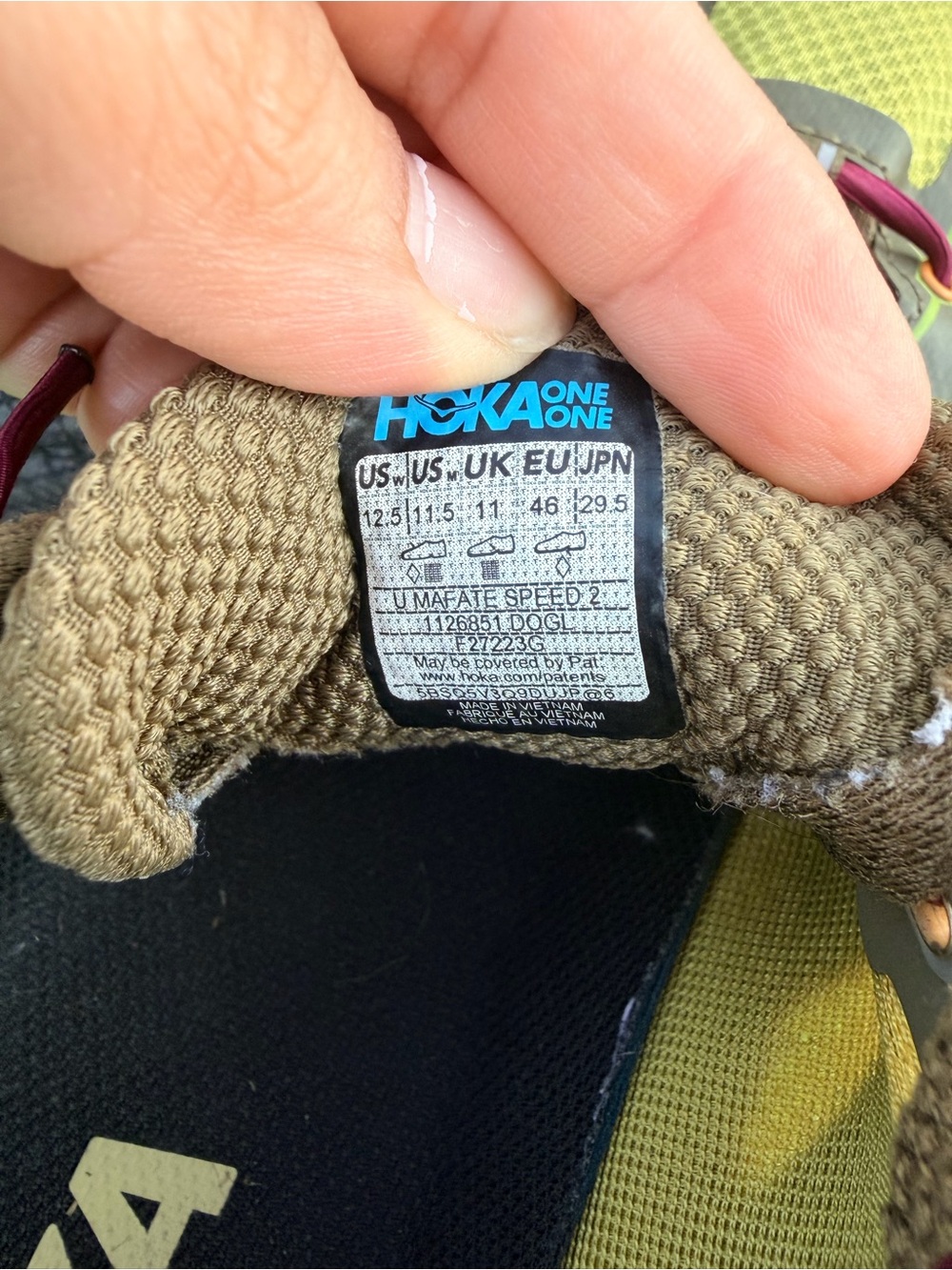 Hoka One One Olive Green Yellow Trail Running Shoes with Burgundy Laces - Picture 7 of 7